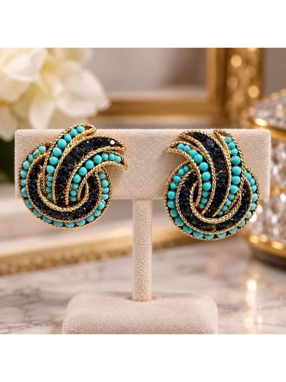 Crown Trifari Philippe Faux Turquoise Sapphire Crystal Swirl Earrings Glam